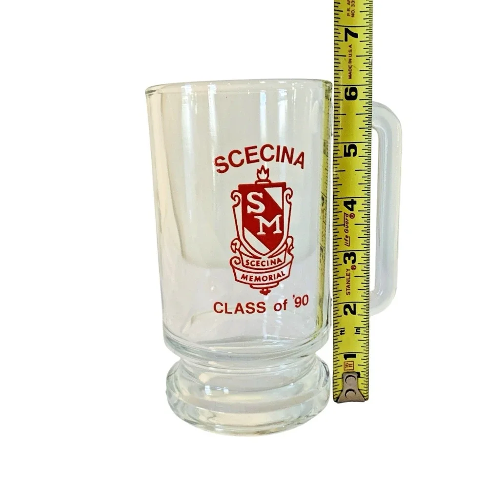 Scecina Memorial Beer Mug‎ Class of '90 Vintage Glass Stein Clear Red Graphic